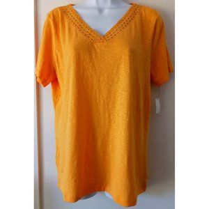 TALBOTS NWT Medium Orange Embroidered V-Neck Short Sleeve 100% Cotton Knit Top